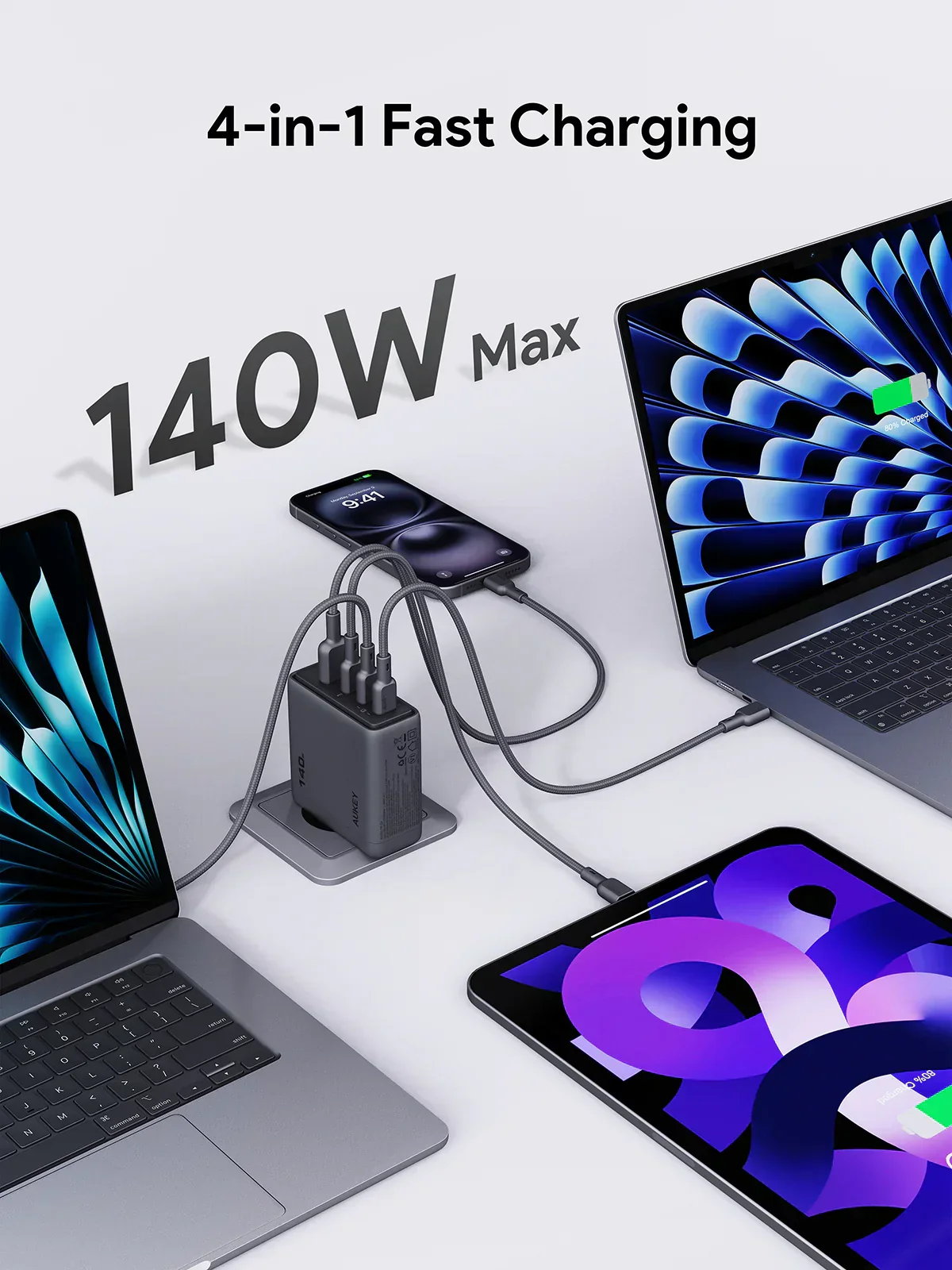 Adaptor priza AUKEY, 140W, GaN, 4 porturi, Gri - Image 2