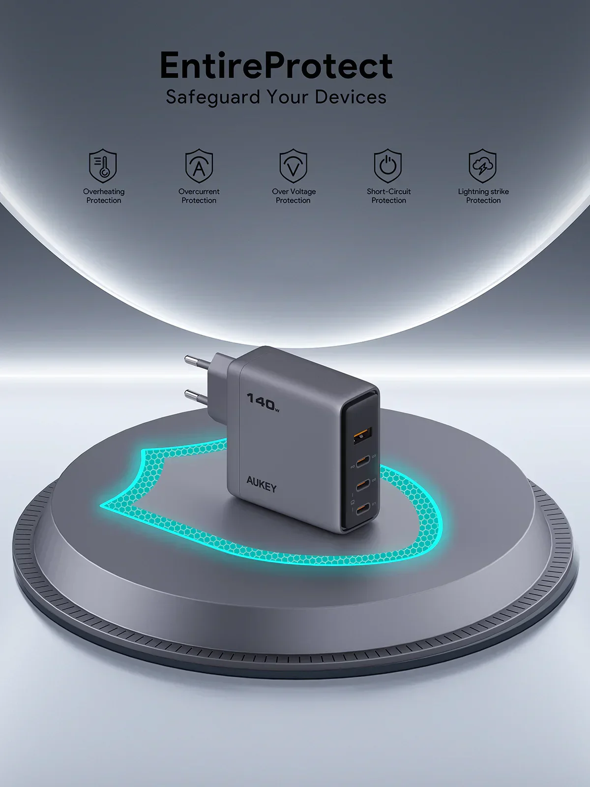 Adaptor priza AUKEY, 140W, GaN, 4 porturi, Gri - Image 3