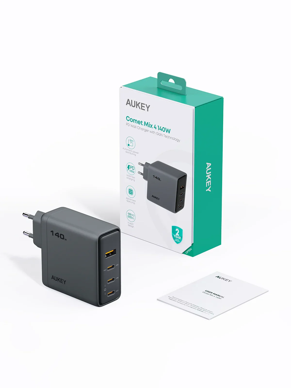 Adaptor priza AUKEY, 140W, GaN, 4 porturi, Gri - Image 4