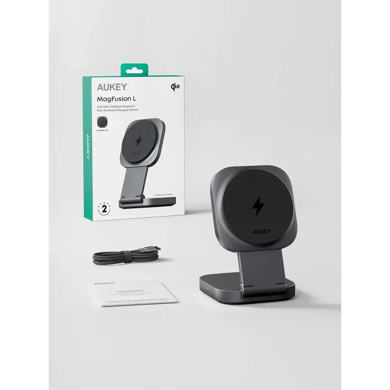Statia de incarcare wireless AUKEY MagFusion L 2-in-1 Foldable Qi2 Magnetic Fast Wireless Charging Station - Image 2