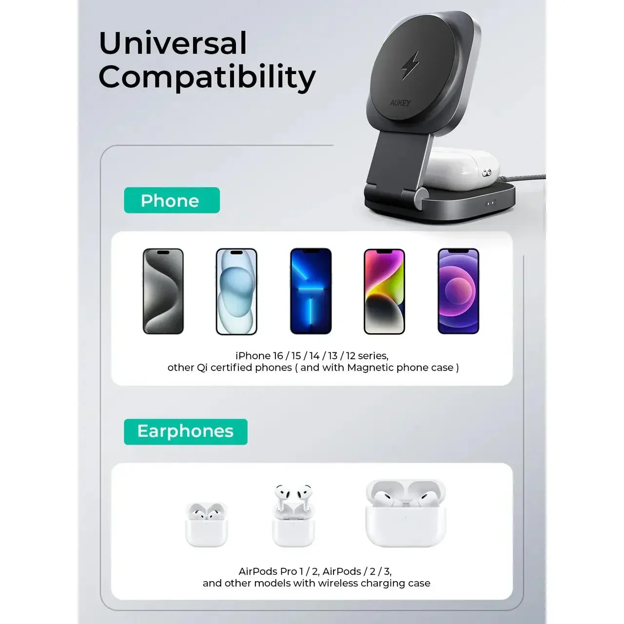 Statia de incarcare wireless AUKEY MagFusion L 2-in-1 Foldable Qi2 Magnetic Fast Wireless Charging Station - Image 3