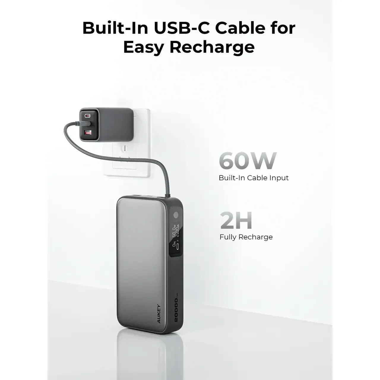 Baterie externa AUKEY, 20000 mAh, Fast Charging, Cablu incorporat, Gri - Image 3