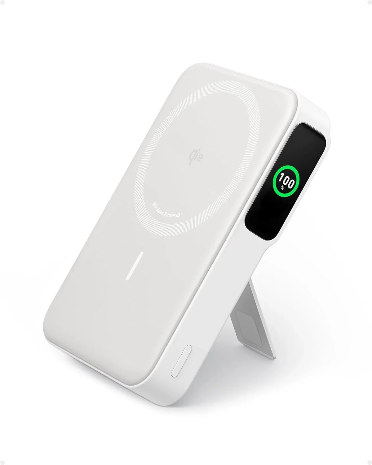 Baterie externa wireless Anker MagGo, Qi2, 10.000 mAh, 15W, USB-C, Suport Pliabil, Smart Display, Alb