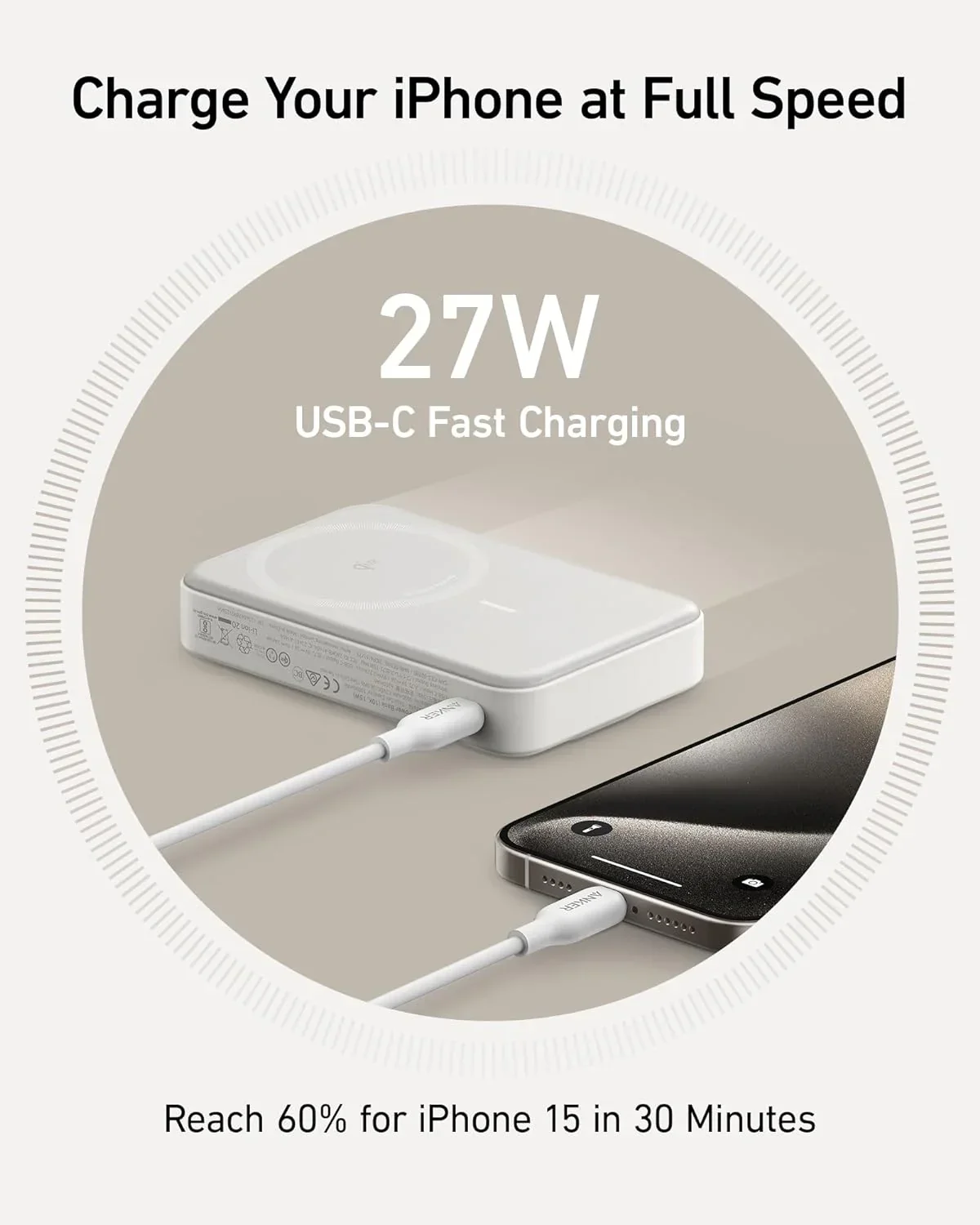 Baterie externa wireless Anker MagGo, Qi2, 10.000 mAh, 15W, USB-C, Suport Pliabil, Smart Display, Alb - Image 5