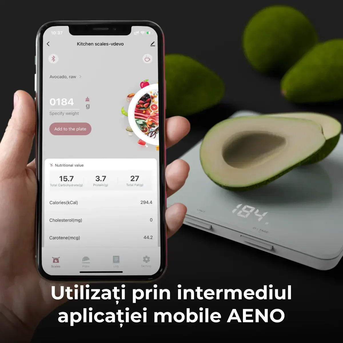 Cantar de bucatarie Aeno, control electronic, tara si RNI, sincronizare cu aplicatie Aeno prin Bluetooth 4.2, analiza nutritiei alimentelor (calorii, proteine, grasimi, colesterol) 8kg, 1g, display LED, Alb - Image 4