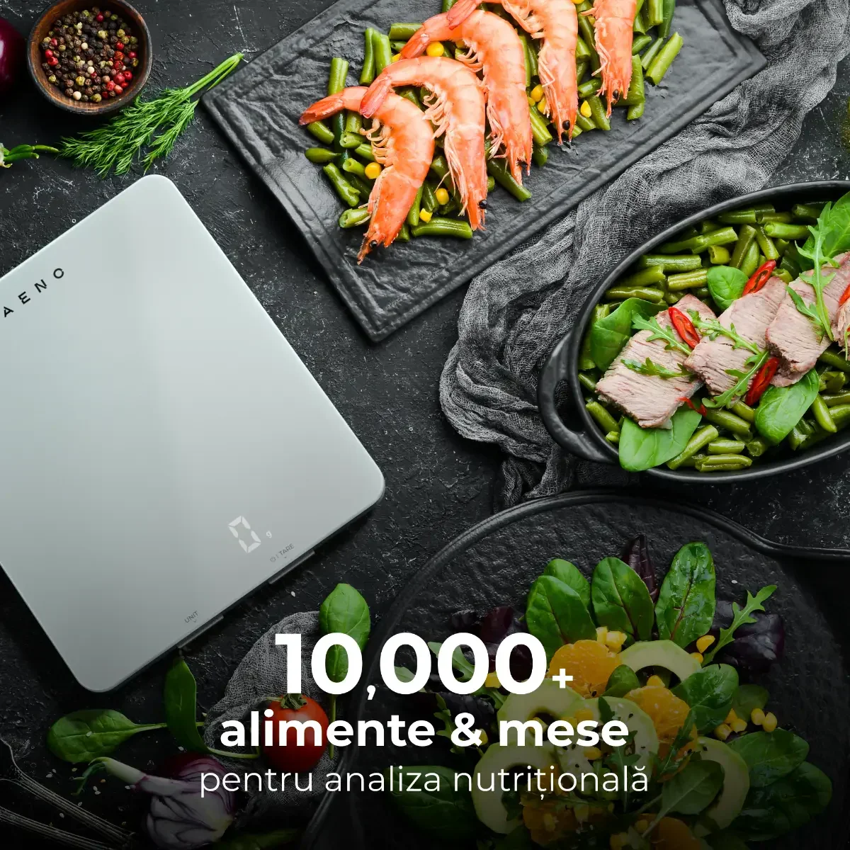 Cantar de bucatarie Aeno, control electronic, tara si RNI, sincronizare cu aplicatie Aeno prin Bluetooth 4.2, analiza nutritiei alimentelor (calorii, proteine, grasimi, colesterol) 8kg, 1g, display LED, Alb - Image 5