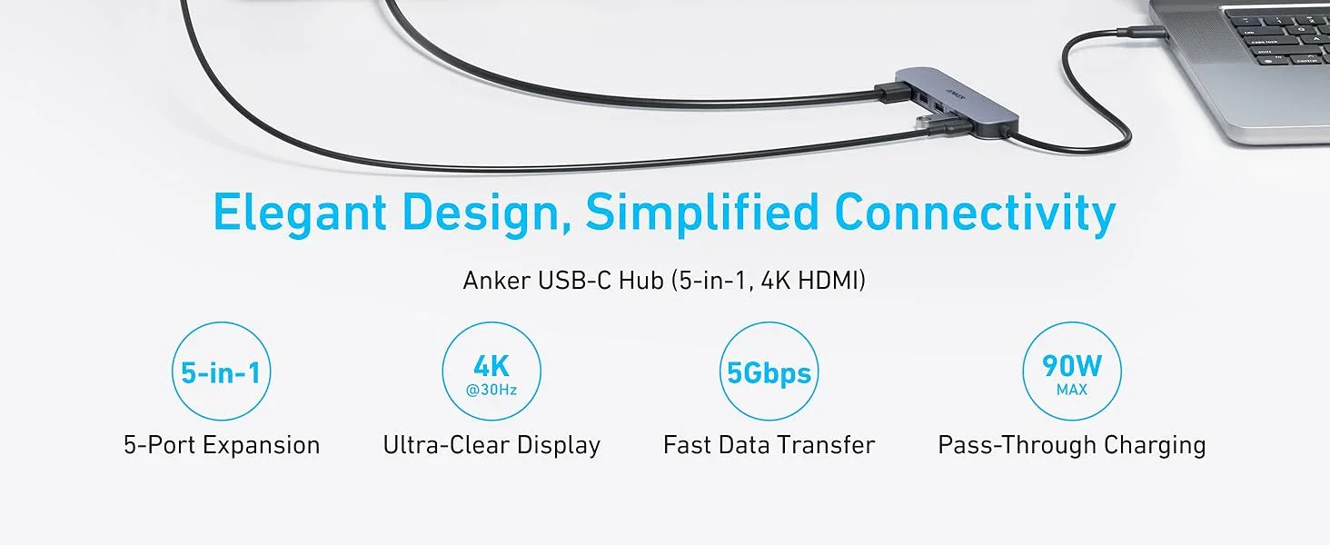 Adaptor Hub Anker USB-C 5-in-1 HDMI 4K@30Hz PD 90W Gri - Image 8
