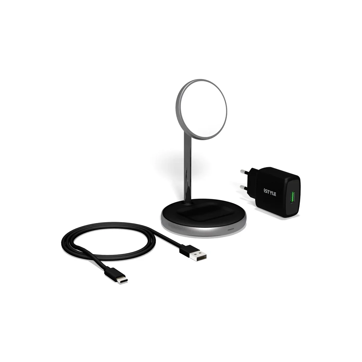 Incarcator iSTYLE Magnetic 2in1 Wireless, compatibil MagSafe, 15W/10W/7,5W + 18W QC, Negru