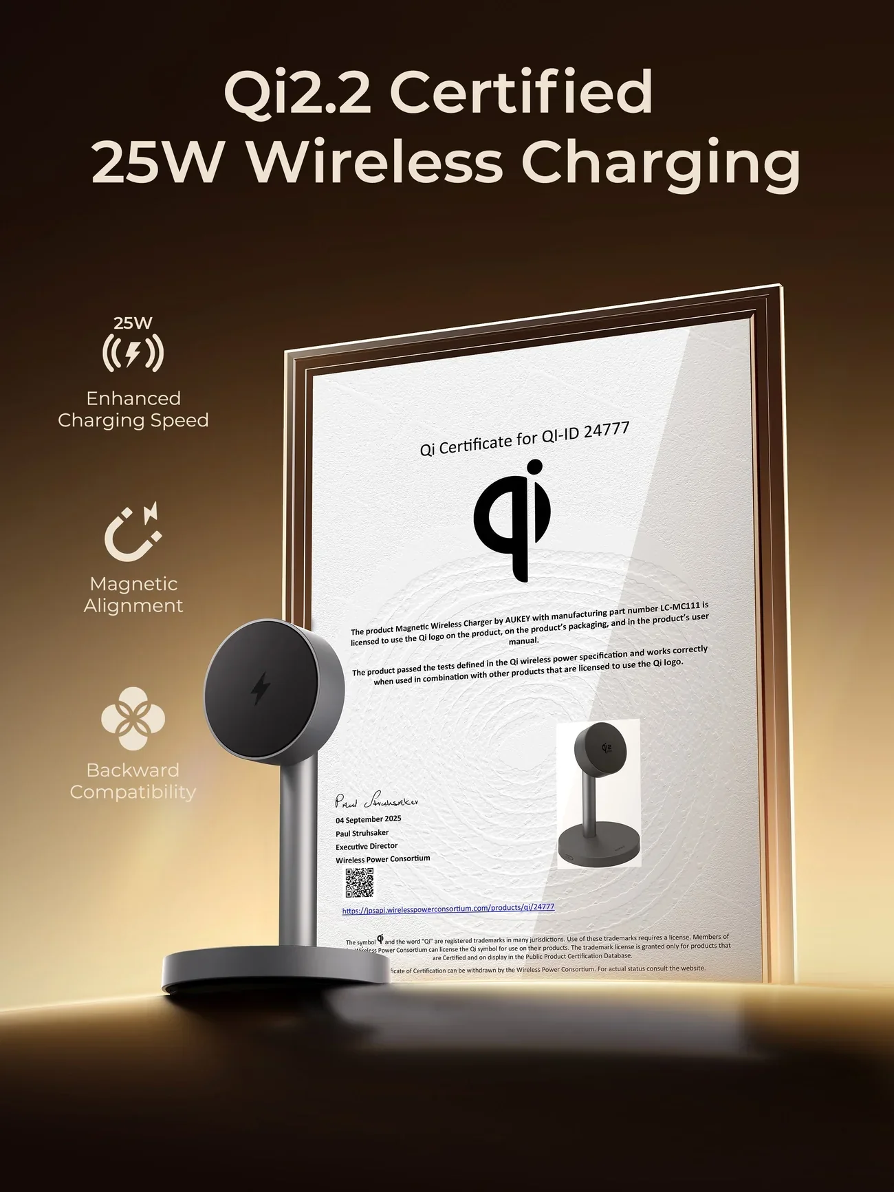 Incarcator wireless AUKEY 1X, Qi2.2, Unghi ajustabil, Negru - Image 2