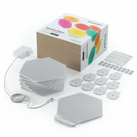 Kit 9 panouri luminoase inteligente nanoleaf shapes hexagons starter kit, cu senzor muzica inclus, multi-touch control, led rgbw, wi-fi