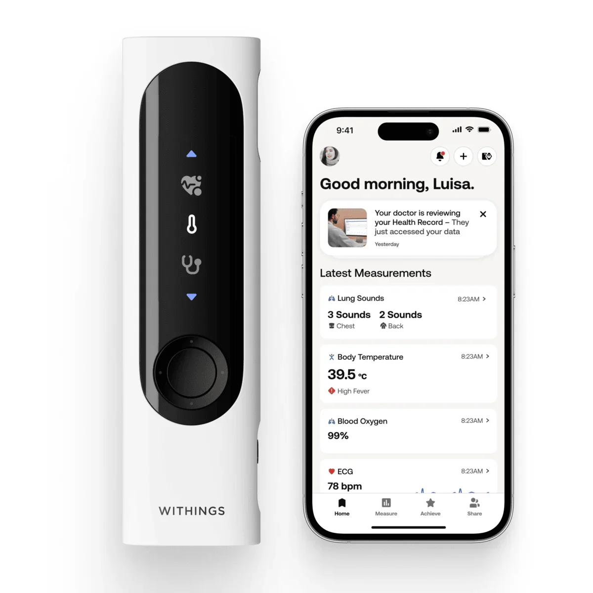 Withings Beam-O - Dispozitiv MultiScan 4 in 1 de evaluare a sanatatii (termometru, EKG, SPO2, stetoscop digital) - Image 2